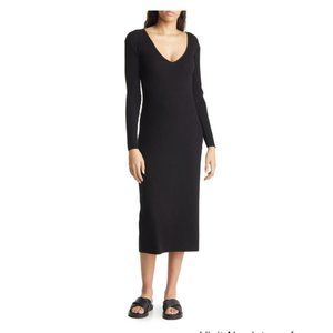 VINCE Plunge Neck Long Sleeve Ribbed Dress